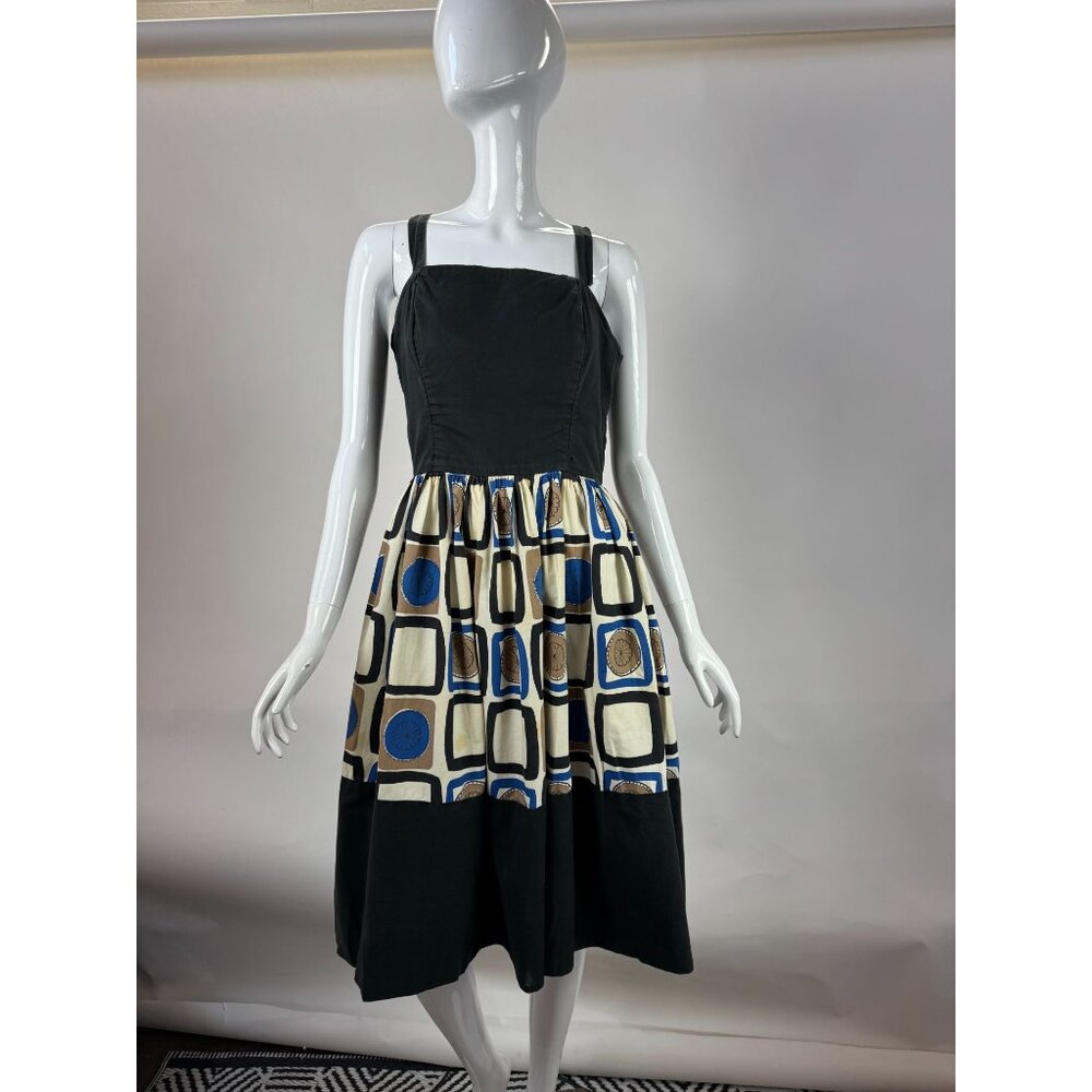 Vintage 50s Norma Gini California Dress Black & Multicolor Square Print Full Ski